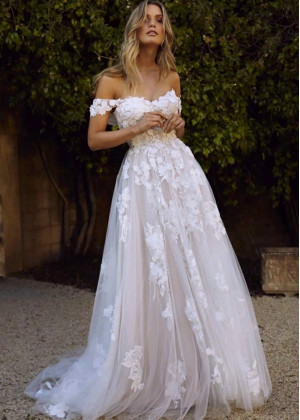 Off Shoulder Ivory Lace Tulle Wedding Dress With Champagne Lining
